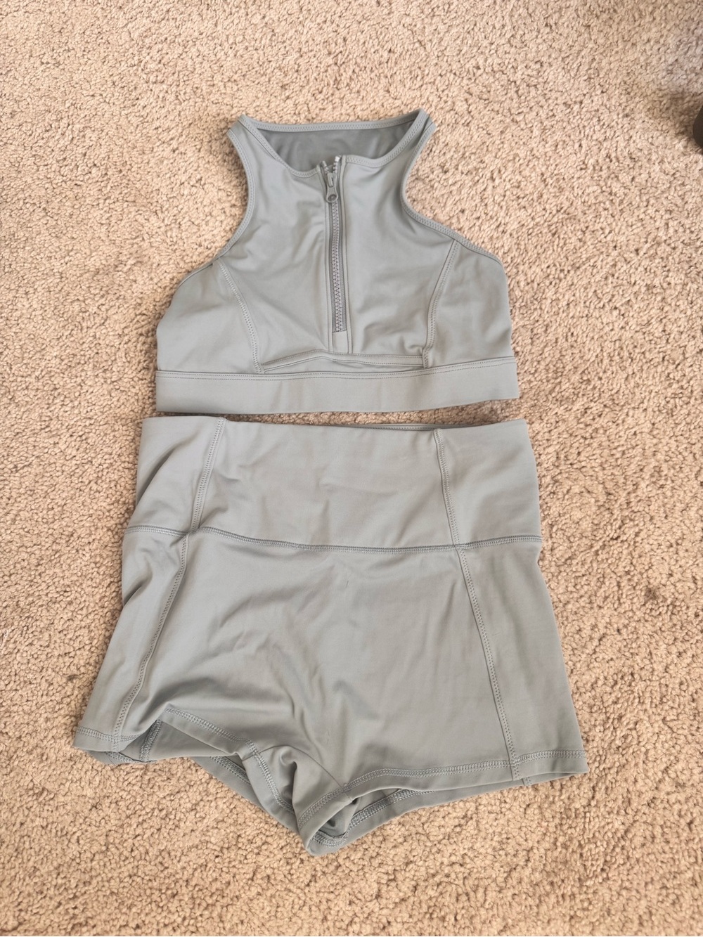 Women’s High-Neck Zip Front Swimsuit Set in Light Gray